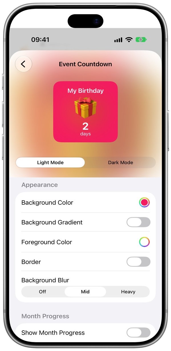 The Widget Appearance screen in Emoji Countdown, with a preview of a birthday widget and options for background colour, gradient, border and blur