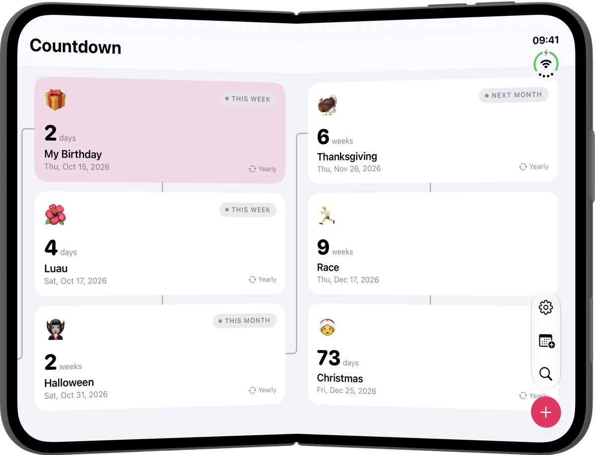 Emoji Countdown open on iPhone Duo, with countdowns flowing across the inner display in columns joined by timeline links