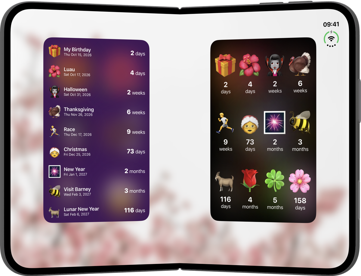 Emoji Countdown widgets on the iPhone Duo Home Screen, including a full-page list of upcoming countdowns and a grid of emoji