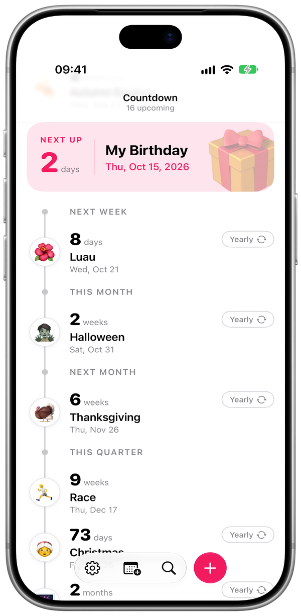 The new Emoji Countdown timeline on iPhone, with a Next Up card for a birthday in 2 days and upcoming events grouped under Next Week, This Month and Next Month