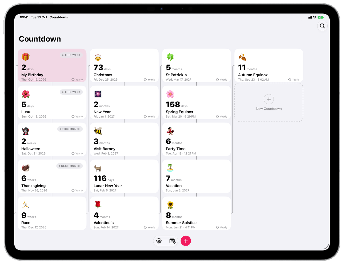 The new timeline on iPad in landscape, with countdowns flowing down four columns joined by thin timeline links, and a dashed New Countdown card at the end
