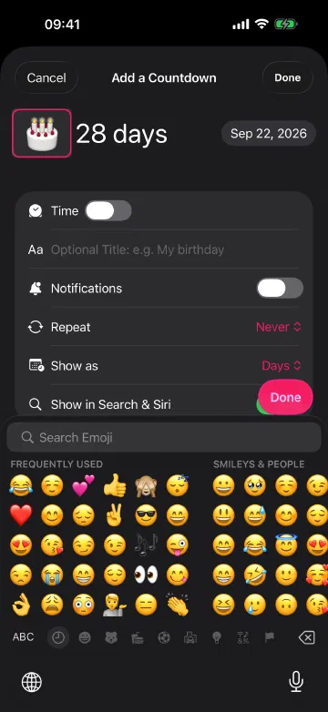 Adding a countdown: pick a date, pick any emoji, then choose whether it repeats, how it counts down and whether Siri and Spotlight can see it.