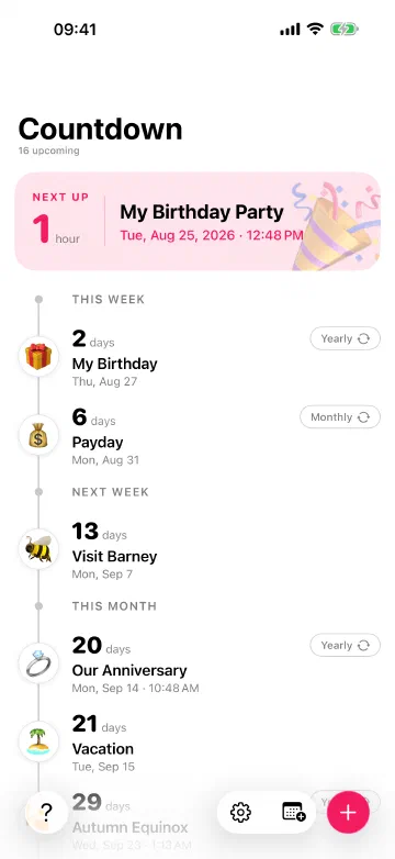 Count down with emoji. Every countdown looks like the moment it is counting down to, on the new iOS 27 timeline with its Next up hero and This week, Next week and This month markers.