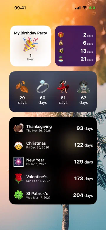 Free Home Screen widgets, from a single countdown to the whole list, so the next big thing is always a glance away.