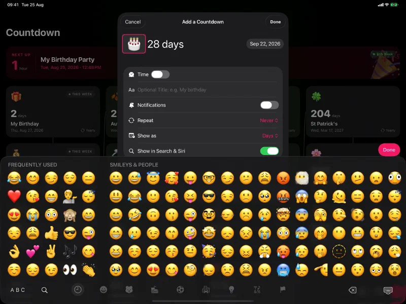 Adding a countdown on iPad, with the full emoji keyboard to choose from and the river waiting behind the sheet.