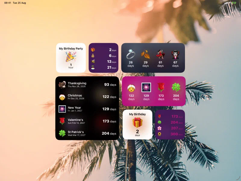 The same free widgets on the iPad Home Screen, from a single countdown to the whole list.